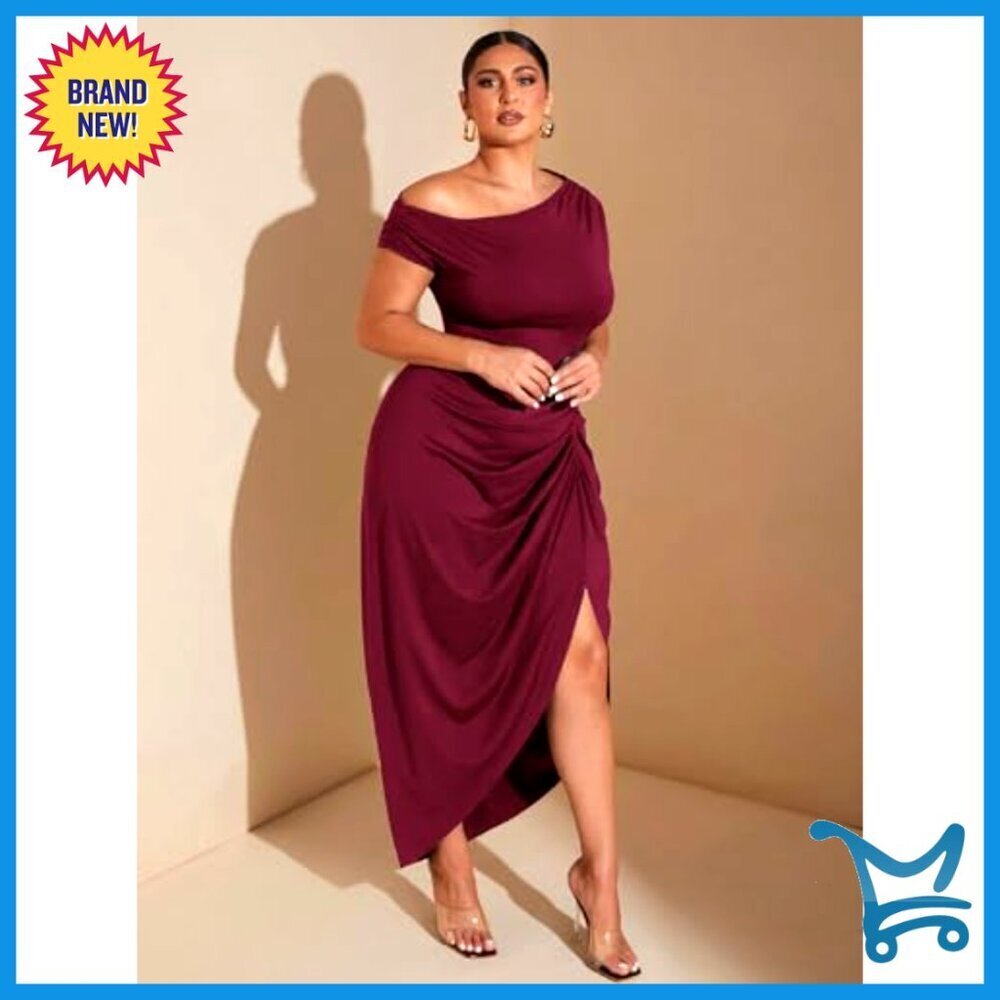 Plus Size Asymmetrical Neck Long Dress Ruched Slit Hem Elegant Cocktail - Picture 5 of 7